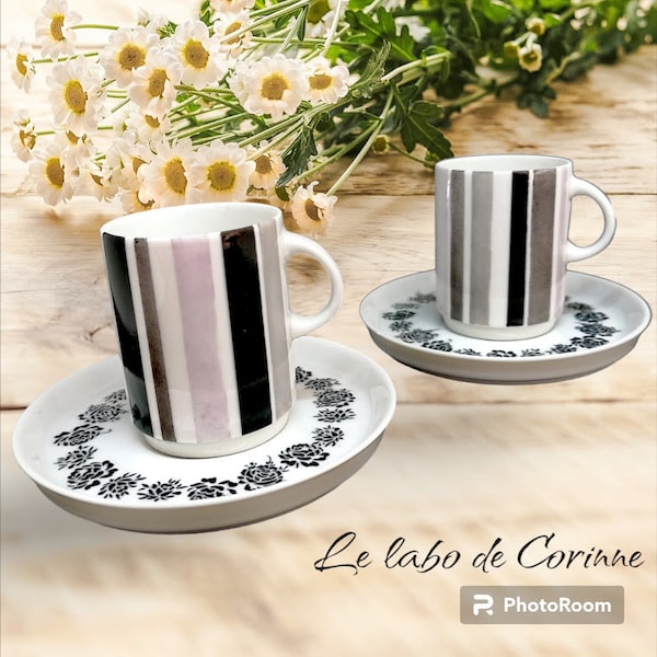 tasses à café avec sous tasses, duo, noir et blanc, roses et bayadère