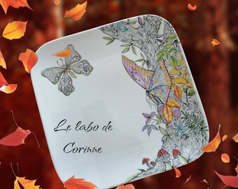 Dessertteller, leere Tasche, quadratisch, Porzellan, grafisches Baum- und Schmetterlingsdekor, handbemalt, einzigartig, französischer Künstler