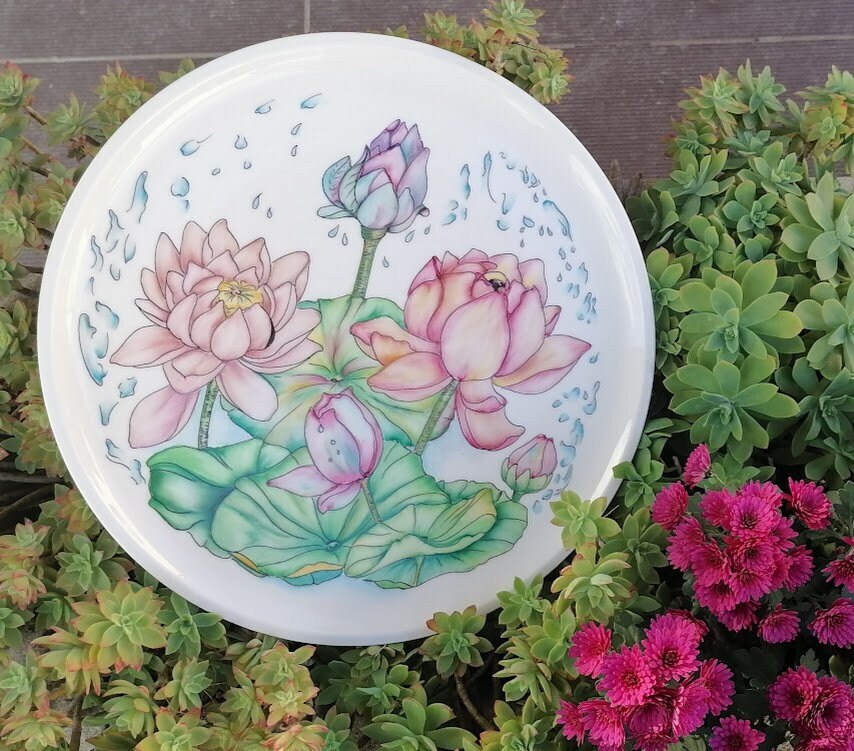 hand painted round porcelain presentation dish, artist decoration pink pond flowers, original gift, luxury crafts
