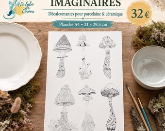6 décalcomanies champignons pour porcelaine – Planche A4 de chromos noir et blanc à peindre – Dessins originaux