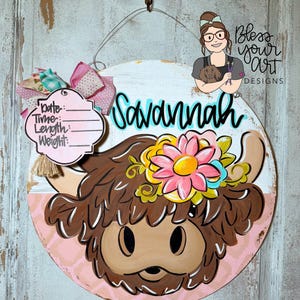 Nursery Decor, Highland Cow Sign, Door Hanger, Highland Cow, Nursery Sign, Baby Stats Sign, Baby Announcement, Baby Shower Gift, Baby Sign