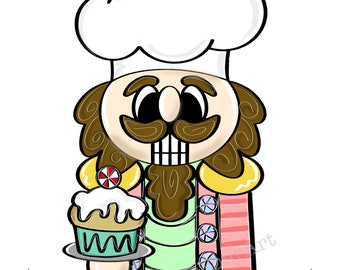 May include: A cartoon illustration of a gingerbread man wearing a chef's hat and holding a cupcake on a plate. He has a brown beard and mustache, and his eyes are wide open. The cupcake is frosted with white icing and has a red and white candy cane on top.