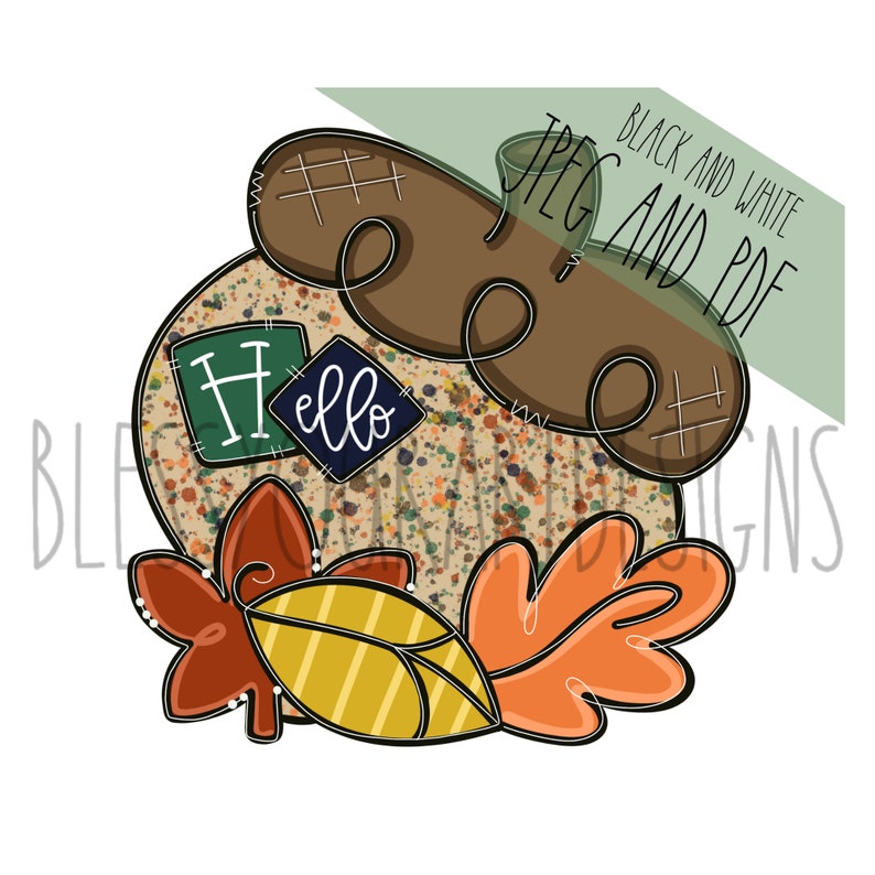 May include: A brown and tan pumpkin with a speckled pattern and the word "Hello" in a blue and green square. The pumpkin has a brown stem and is surrounded by orange and yellow leaves.