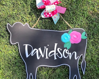 Cow Door Hanger, Home Decor, Farmhouse Style Decor, Spring Wreath, Personalized Sign
