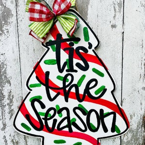 Christmas Decor, Christmas Tree Cake Door Sign, Wooden Door Hanger, Christmas Tree Wreath, Holiday Porch Sign, Christmas door hanger