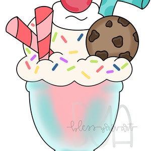 Puede incluir: Una ilustración de dibujos animados de un batido con una cereza en la parte superior, una galleta con chispas de chocolate, una pajita roja y blanca a rayas y una pajita azul y blanca con lunares. El batido está en un vaso con un remolino azul y rosa.