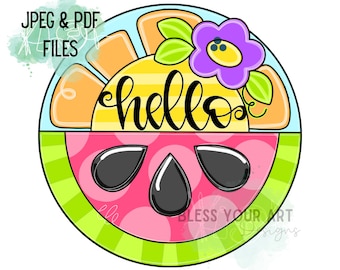 Hello Watermelon Door Hanger Template, Summer Door Sign JPEG PDF, Fruit Door Decor, DIY Watermelon Sign