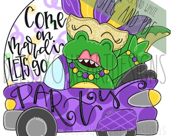 Op de afbeelding: Een paarse auto met de woorden "Come on Mardi Gras Let's go Party" aan de zijkant. Een groene alligator met een paars en gouden masker rijdt de auto.