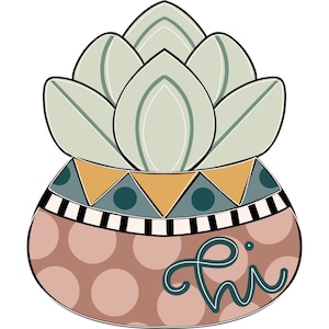 May include: A pink and brown patterned ceramic planter with a geometric design around the top rim. The planter has a succulent plant with green leaves and the word "chi" written in cursive on the front.