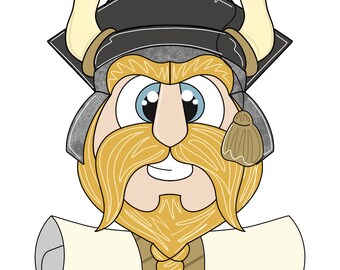 Peut inclure: Une illustration de dessin animé d'un Viking portant un bonnet de graduation et tenant un diplôme. Le Viking a une longue barbe jaune et une expression amicale.