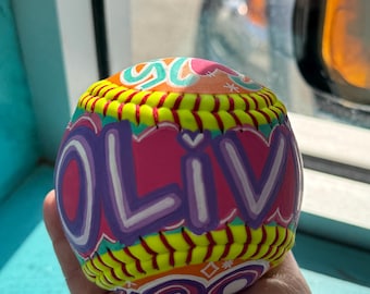 Custom Hand Painted Softball | Personalized Senior Gift, Player Name & Number, Neon Sports Keepsake, Team Gift, 2025 Graduation