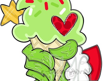 May include: A green ice cream cone with red and white sprinkles, a red heart with white polka dots, and a green star on top. The cone is wrapped in green leaves and a red and white Santa hat.