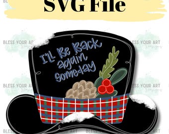 May include: Black and white snowman hat with a red and blue plaid band, a pine cone, holly, and the text "I'll be back again someday".