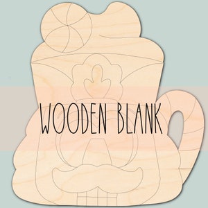 May include: Wooden blank of a gingerbread man holding a candy cane mug with a swirl of frosting on top. The blank is ready to be painted or decorated.
