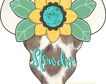 Cow Skull Door Hanger Template: Sunflower Howdy Design (Digital Download)