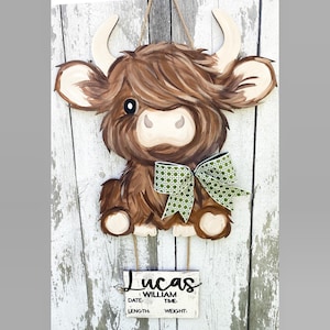 Nursery Decor, Highland Cow Sign, Door Hanger, Highland Cow, Nursery Sign, Baby Stats Sign, Baby Announcement, Baby Shower Gift, Baby Sign