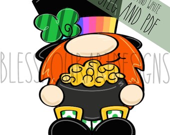 May include: A cartoon gnome wearing a black hat with a rainbow stripe and a green shamrock. The gnome is holding a pot of gold.