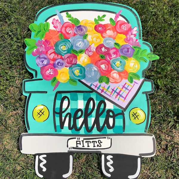 Hello Spring Door Hanger, Flower Truck Sign, Spring Wreath, Spring Truck Floral Painted Door Hanger, Spring Door Hanger, Front Door Wreath