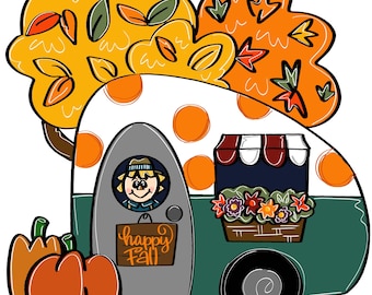 May include: A green and white camper van with orange polka dots and a scarecrow in the window. The camper has a sign that says "happy fall" and a flower box with red, orange, and purple flowers. There are two orange pumpkins in front of the camper.