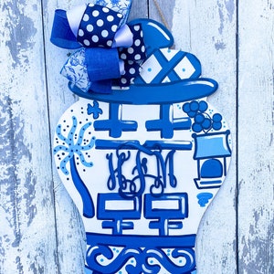 Monogrammed Blue and White Chinoiserie Door Hanger, Everyday Decor, Front Door Sign, Year Round Door Hanger, Blue and White Ginger Jar