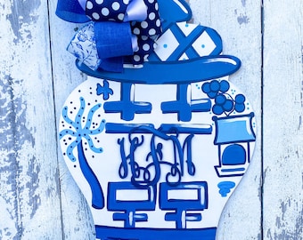 Monogrammed Blue and White Chinoiserie Door Hanger, Everyday Decor, Front Door Sign, Year Round Door Hanger, Blue and White Ginger Jar