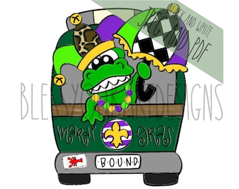 May include: A green and purple Mardi Gras themed vehicle with a green alligator wearing a jester hat and beads. The vehicle has the words "Mardi Gras" and "B-O-U-N-D" on it.