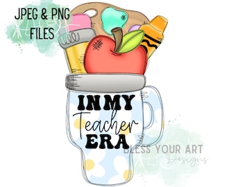 May include: A blue mug with white daisies and the text "In My Teacher Era" in black. The mug is filled with school supplies, including a red apple, a pencil, a crayon, and a paint palette.