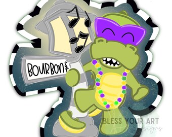 Op de afbeelding: Een groene alligator met paarse zonnebril en een gele en paarse kralenketting staat naast een lantaarnpaal met het woord "Bourbon" erop. Noten komen uit de lantaarnpaal. De alligator glimlacht en heeft zijn mond open. De achtergrond is donkerblauw met zwart-witte strepen.