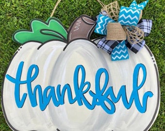 Personalized Thankful Pumpkin Door Hanger | Hand Painted Fall Decor