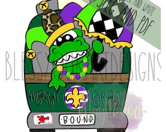 Op de afbeelding: Een groene alligator met een paarse en groene narrenmuts en een paarse en gouden kralenketting rijdt in een groene vrachtwagen met de woorden "Mardi Gras" op de achterkant. De vrachtwagen heeft een kentekenplaat met de tekst "B-O-U-N-D".