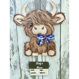 Highland Cow Sign, Door Hanger, Highland Cow, Nursery Sign, Baby Stats Sign, Baby Announcement, Baby Shower Gift, Nursery Decor, Baby Sign