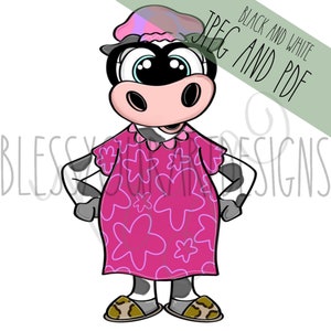May include: A cartoon cow wearing a pink floral dress, a pink and white sleep cap, and black glasses. The cow has black eyes and a pink nose.
