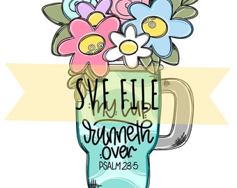 Pode incluir: Uma caneca azul turquesa com uma borda e uma alça brancas. A caneca tem um design floral com flores rosa, azuis e brancas. O texto na caneca diz "My cup runneth over. Psalm 23:5".