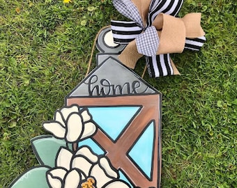 Magnolia Flower Lantern Door Hanger, Farmhouse Porch Sign