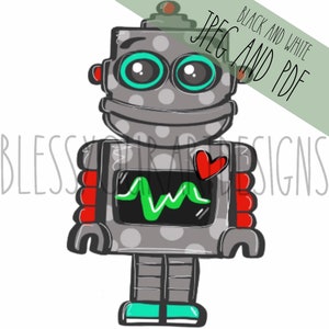 May include: A cartoon robot illustration in shades of gray, red, and teal. The robot has large, teal-rimmed eyes, a heart on its chest, and a green heartbeat monitor. The image includes the text "BLACK AND WHITE JPEG AND PDF".