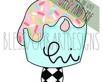 May include: A cartoon illustration of a cupcake with a light blue base and pink frosting covered in colorful sprinkles. The word "hi" is written in black cursive on the cupcake. The base has a black and white checkered pattern.