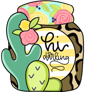 Peut inclure: Un pot à rayures jaunes et blanches avec un couvercle floral et un motif de cactus. Le pot porte l'inscription "hi darling".