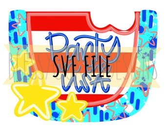 May include: Red, white, and blue graphic with stars and stripes. The text "Party in the USA" is written in blue.
