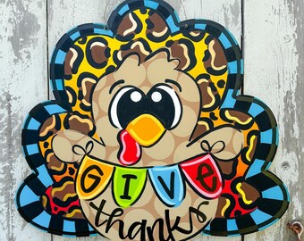 Thanksgiving Door Hanger, Thanksgiving Sign, Turkey Door Decor, Thanksgiving Wreath, Give Thanks, Turkey Sign, Thanksgiving