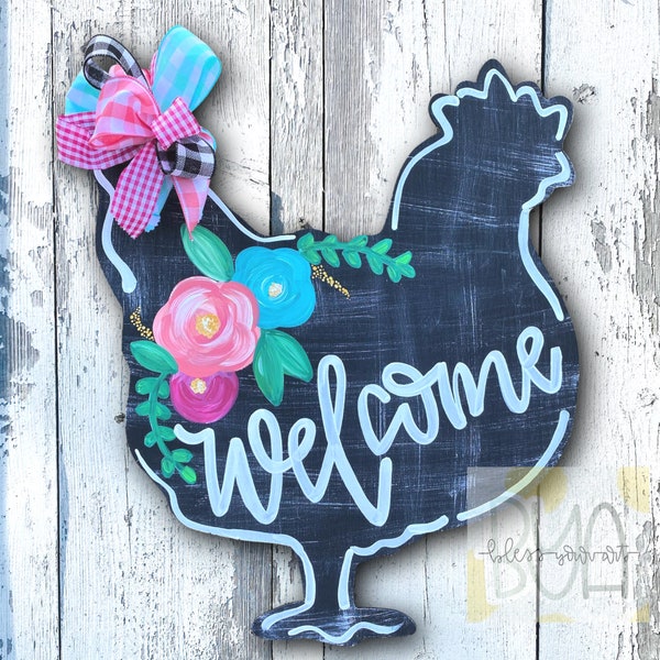 Spring Chicken Door Hanger, Chicken Decor, Farmhouse Decor, Welcome Door Hanger, Spring Door Hanger, Chicken Sign, Welcome Sign, Door Wreath