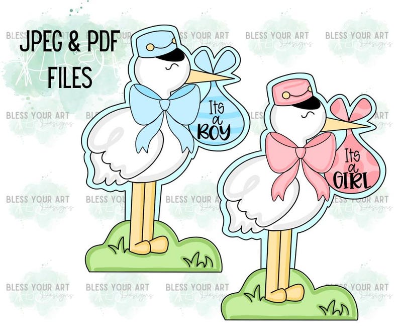 May include: Two stork baby shower cutouts, one blue and one pink. The blue stork holds a blue and white bag that says "It's a Boy". The pink stork holds a pink and white bag that says "It's a Girl".