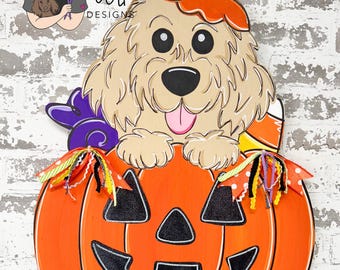 Halloween Golden Doodle Door Hanger, Fall Pumpkin Decor