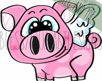 May include: A pink pig with large eyes and a white angel wing. The pig has a pink nose and a curly tail.