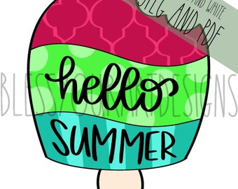 May include: A colorful popsicle with a red, green, and blue design. The popsicle has the words "hello summer" written on it.