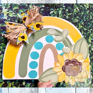 Sunflower Door Hanger, Boho Sunflower Door Hanger, Rainbow Door Sign, Fall Porch Decor, Sunflower Decor, Sunflower Wreath, Door Wreath