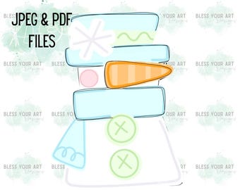 May include: A whimsical snowman illustration with a blue scarf, buttons, and a carrot nose. The image includes the text "JPEG & PDF FILES" in black. The snowman has a snowflake and a pink circle on its body.