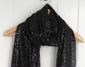 Black Sequin Tulle Scarf/Black Net Lace Wrap/Sparkly Evening Shawl/Prom Races/Mother Of Bride Gift