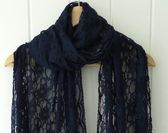 Navy Blue Corded Lace Scarf/Bohemian Wedding Shawl/Vintage Style Stole