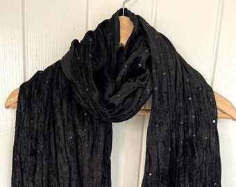 Black Crushed Velvet Sequin Scarf/Black Velvet Evening Shawl/Special Occasion Shrug/Wedding Wrap