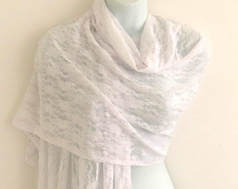 White Flower Lace Scarf: Bridal Wedding Shawl, Bridesmaid Gift